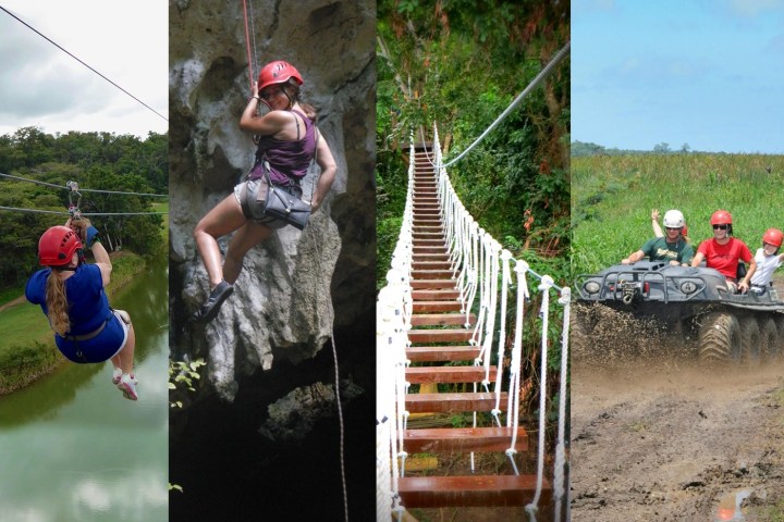 Four adventure activities: zip lining, rock climbing, rope bridge, and off-road vehicle ride.