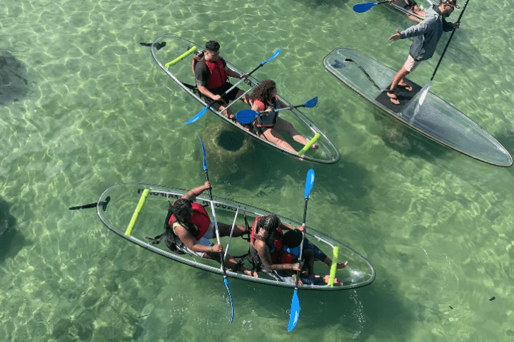 People in transparent kayaks and one paddleboarder on clear water.