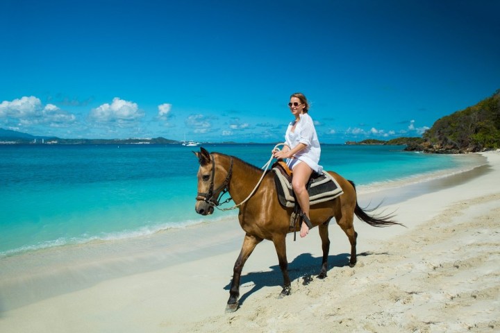 Person in white riding a horse along a tropical beach.
