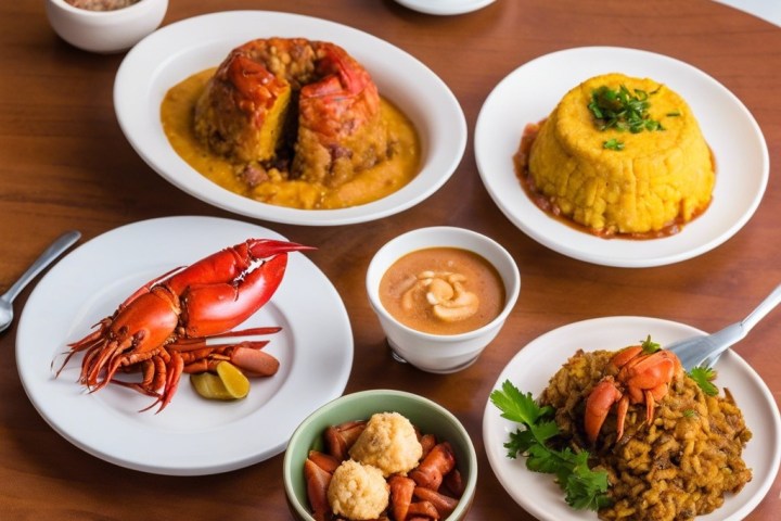 Assorted seafood dishes on a table, including lobster and rice.