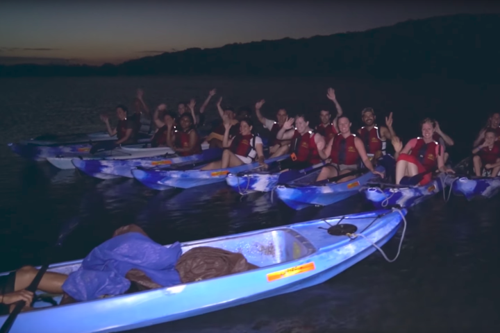 Group of people in kayaks at twilight, waving and smiling.